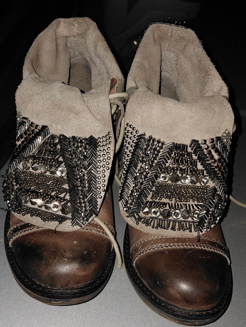 Zigi Girl Women's Embellished Brown Leather and Beige Suede Ankle Boots